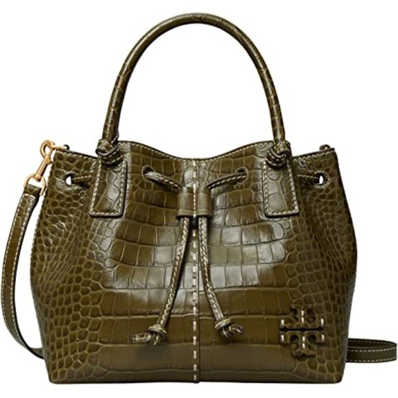 Tory Burch Handbags - Tory Burch $548 85118 McGraw Embossed Small Drawstring Satchel New Olive NWT